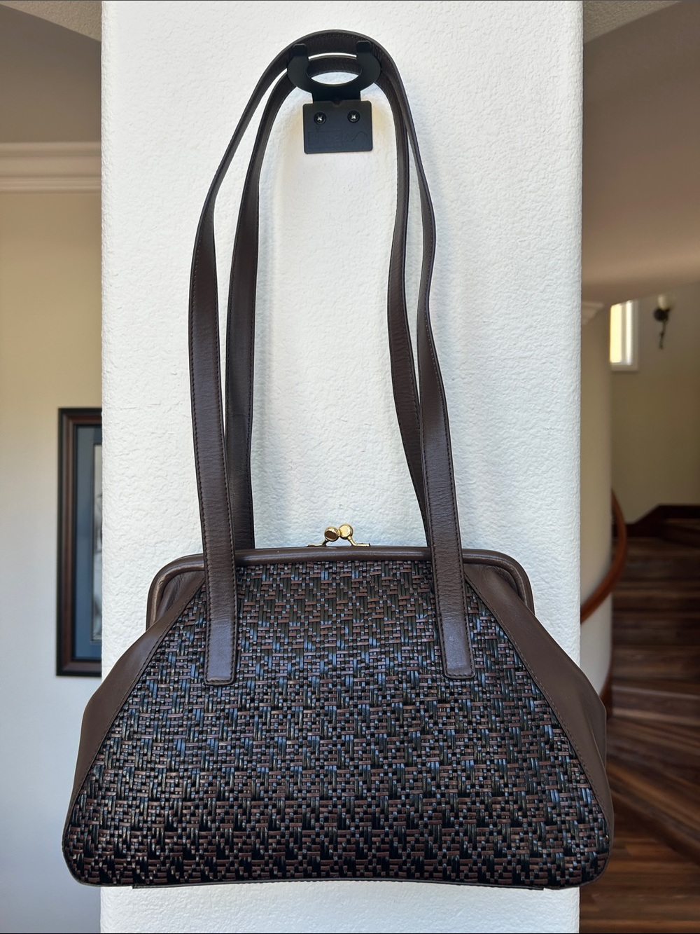 GEM Textured Brown Woven Shoulder Bag with Gold Accent